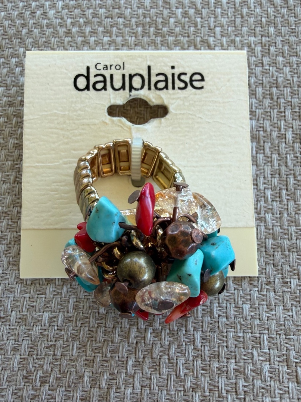 Carol Dauplaise Silver-tone Ring Metal Stretch Band Turquoise Red Cha Cha Beads